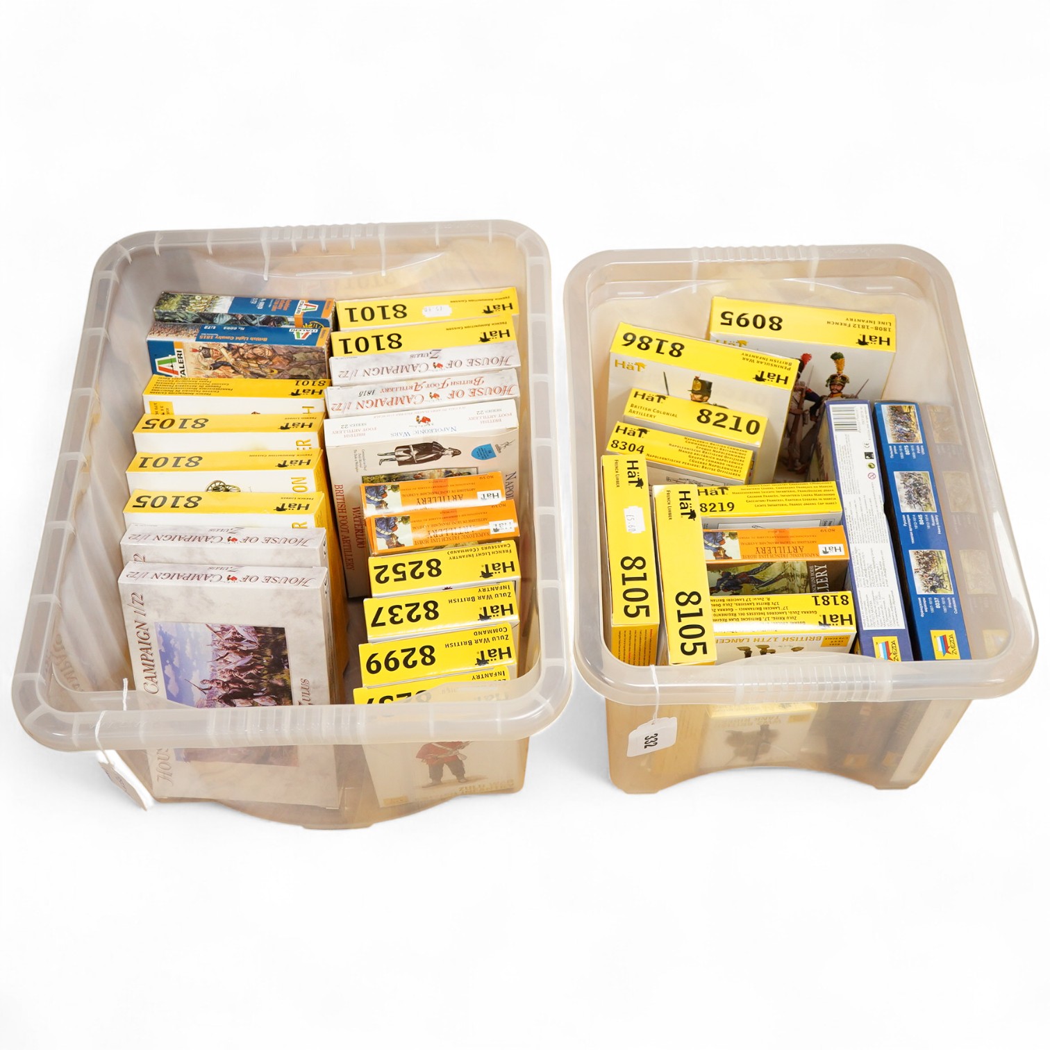 Thirty-one military themed plastic kits by HaT, Italeri, House of Campaign, 1:72 scale mainly early 19th century figures and accessories including the Peninsula War, Napoleonic campaigns, etc., generally appear to be unu